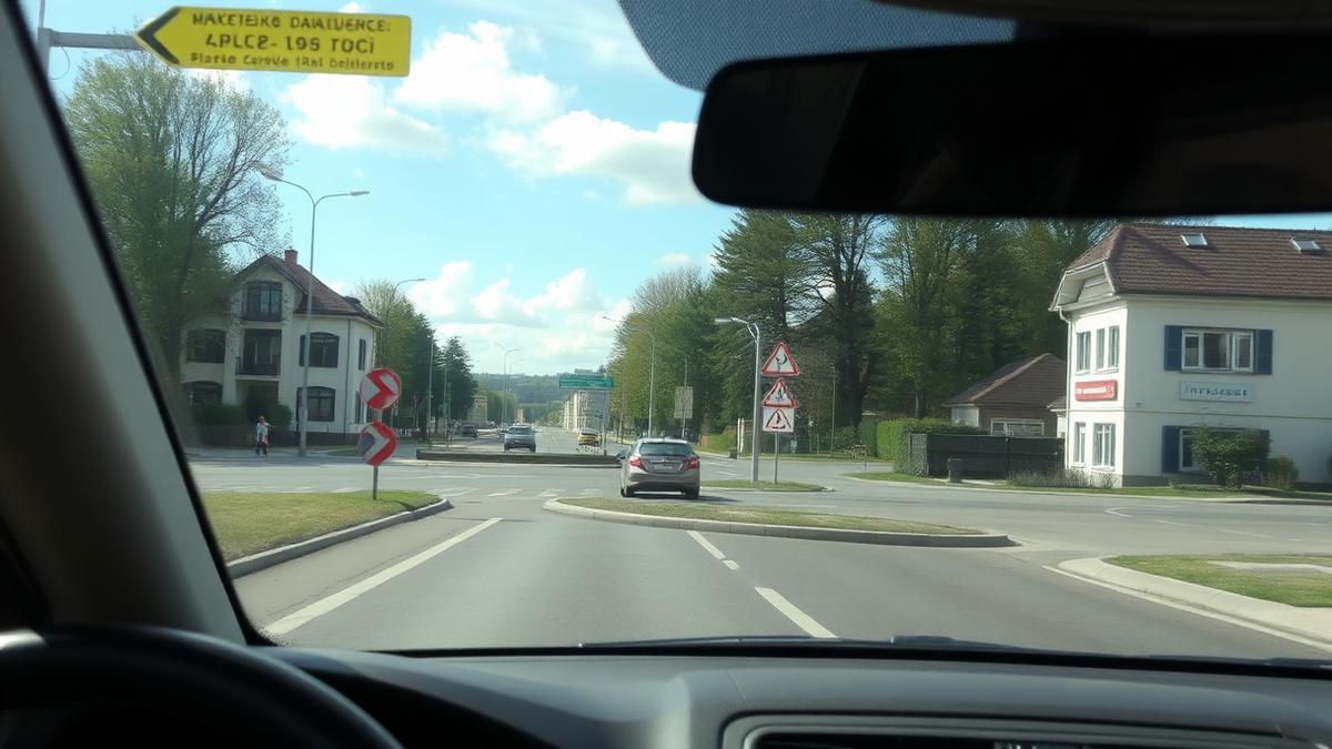 Widok z kabiny samochodu na rondo i znaki drogowe — trasa egzaminacyjna